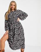 Missguided Midi Dress With Shirred Waist In Black Floral