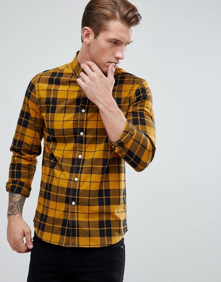 Asos Stretch Slim Poplin Check Shirt In Mustard - Yellow