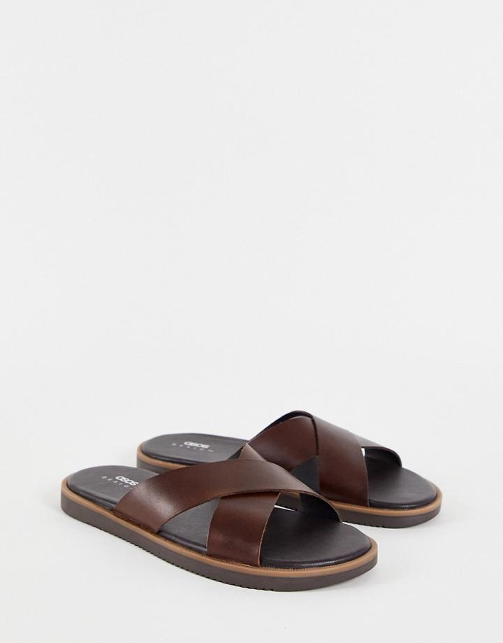 Asos Design Cross Strap Sandal In Brown Leather