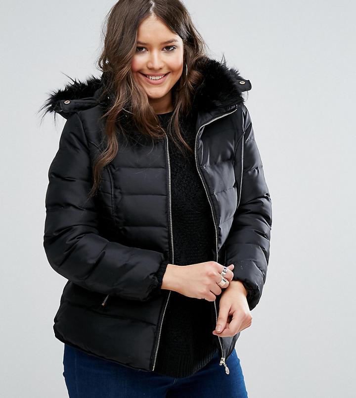 Koko Plus Padded Coat With Faux Fur Collar - Black