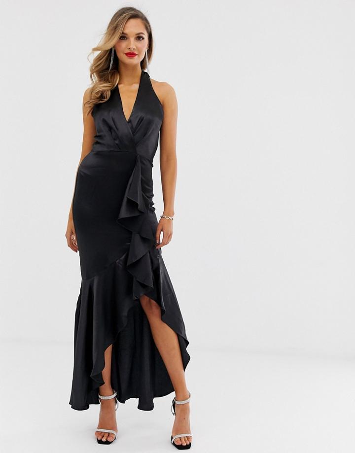 City Goddess Satin Ruffle Maxi Dress - Black