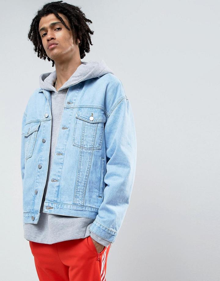 Mennace Denim Jacket With Extreme Sleeve Distressing In Light Blue - Blue