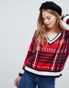 Qed London Check V Neck Sweater - Red