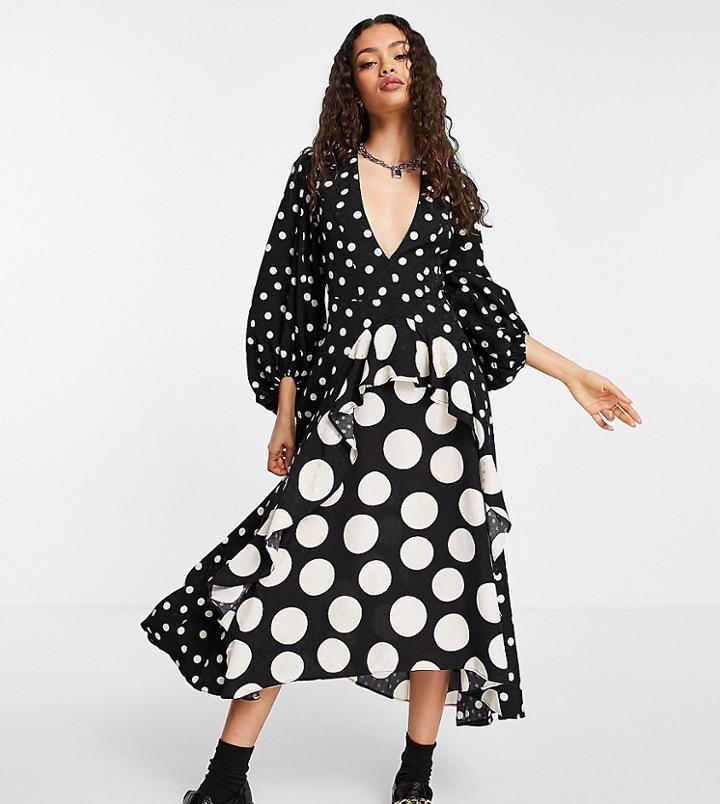 Topshop Petite Mixed Spot Long Sleeve Ruffle Midi Dress In Mono-multi