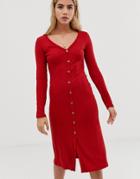 Asos Design Rib Button Through Midi Dress - Orange