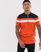 Asos Design Polo Shirt With Zip Neck And Color Block In Orange - Orange