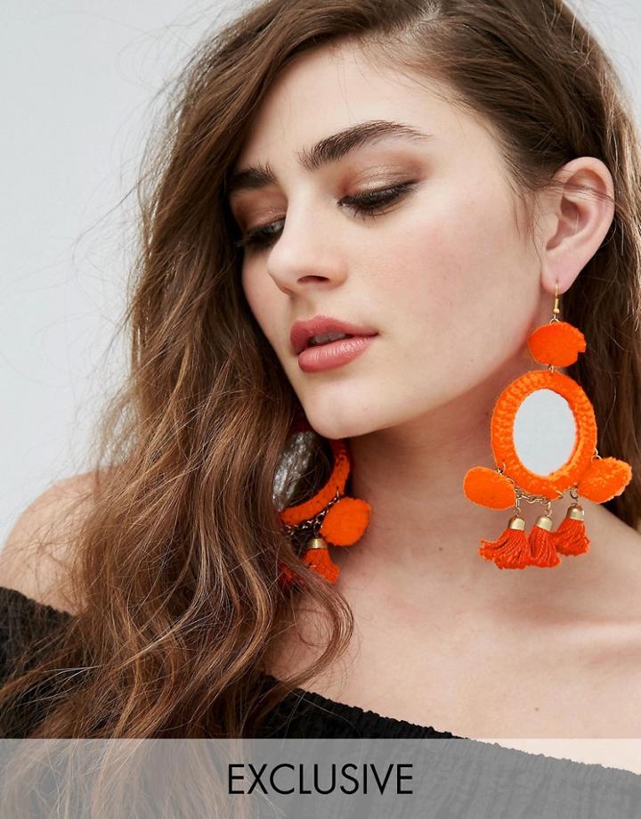 Reclaimed Vintage Inspired Mirrored Pom Pom Earrings - Red