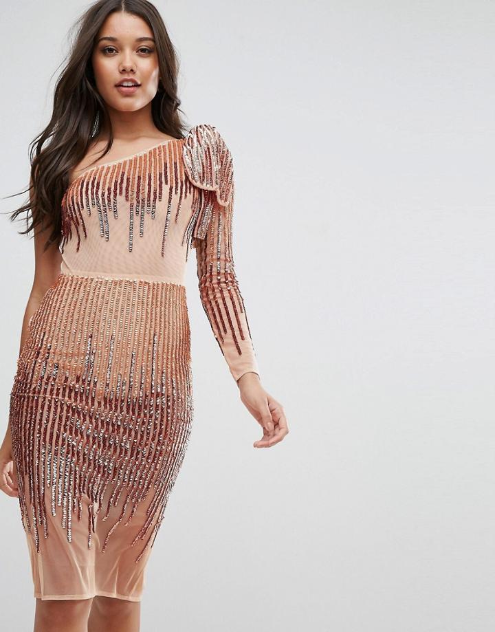 Asos Bow One Shoulder Sequin Midi Dress - Gold