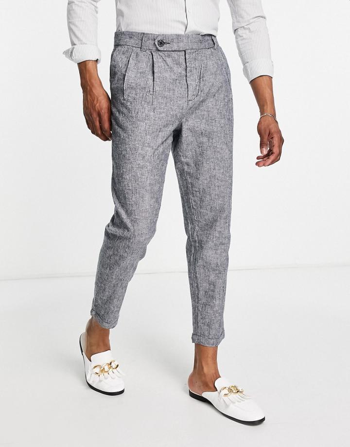New Look Tapered Smart Linen Pants With Pleat In Blue