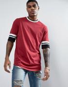 Asos Longline T-shirt In Red With Half Sleeve And Tipped Rib Cuff And Neck - Red