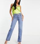 Asos Design Tall Organic Cotton Blend Mid Rise '90s' Straight Leg Jean In Midwash With Rhinestone Hotfix-blues
