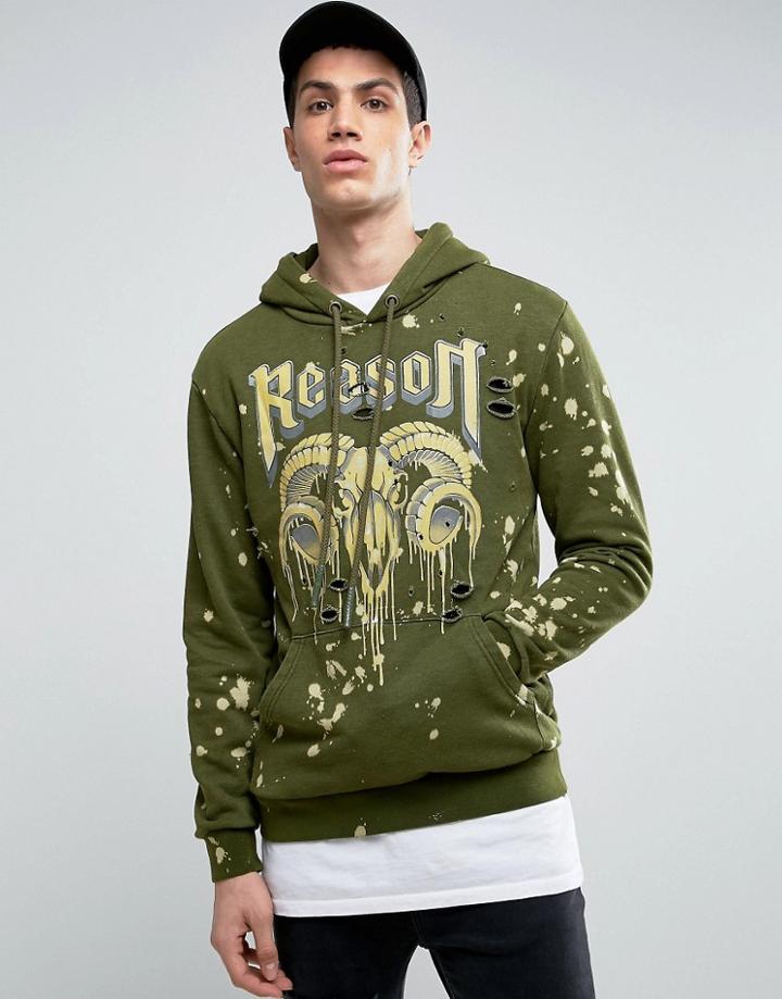 Reason Hoodie In Khaki With Bleach Splat And Ram Print - Green