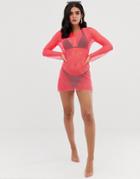 Asos Design Neon Pink Fishnet Mesh Jersey Beach Cover Up - Pink