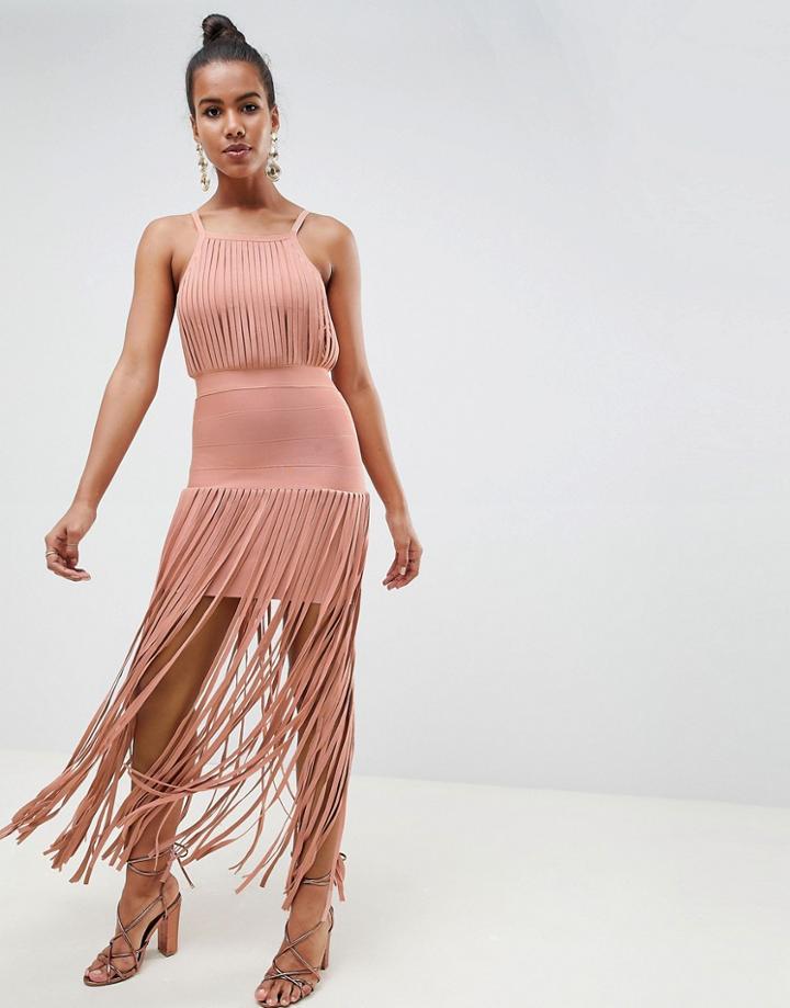 Asos Design Premium Bandage Fringe Dress - Pink