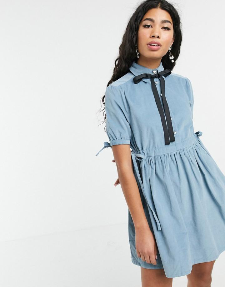 Sister Jane Mini Smock Dress With Tie Sides And Pussybow In Baby Cord - Blue