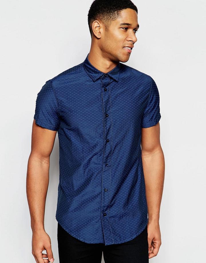 Armani Jeans Shirt With Jaquard Pattern Slim Fit Short Sleeves - Blue
