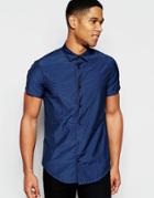 Armani Jeans Shirt With Jaquard Pattern Slim Fit Short Sleeves - Blue