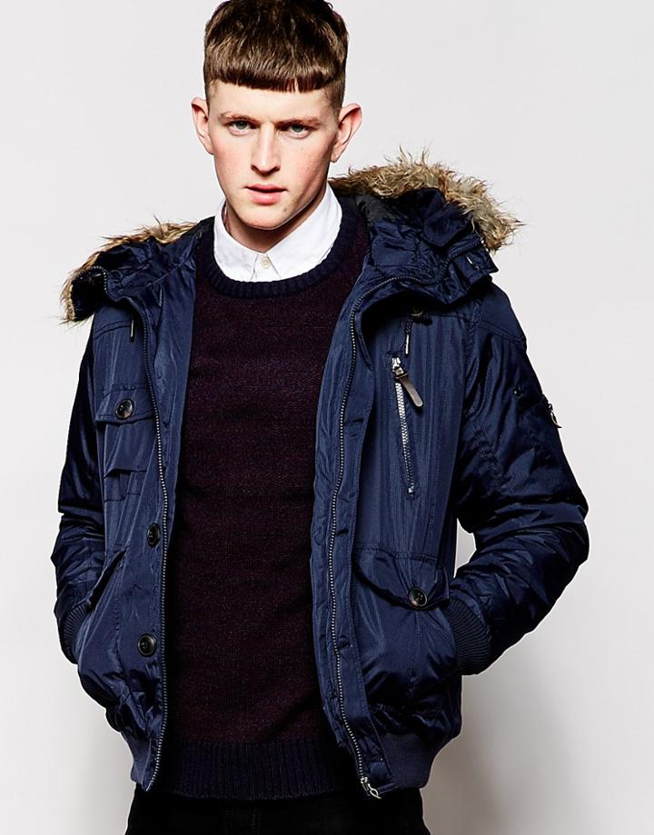 Brave Soul Hooded Faux Fur Long Line Bomber Jacket - Navy