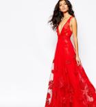 A Star Is Born Luxe Plunge Front Full Tulle Prom Maxi Dress With Embellishment - Red