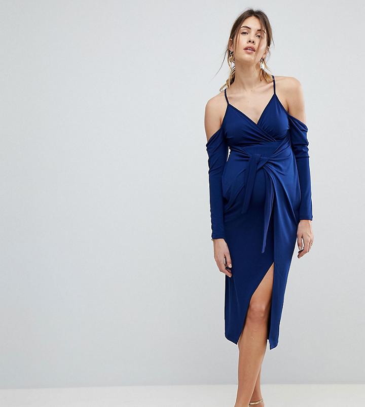 Asos Maternity Slinky Wrap Cold Shoulder Midi Dress - Navy