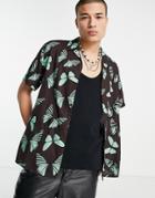 Reclaimed Vintage Inspired Revere Shirt In Butterfly Print-black