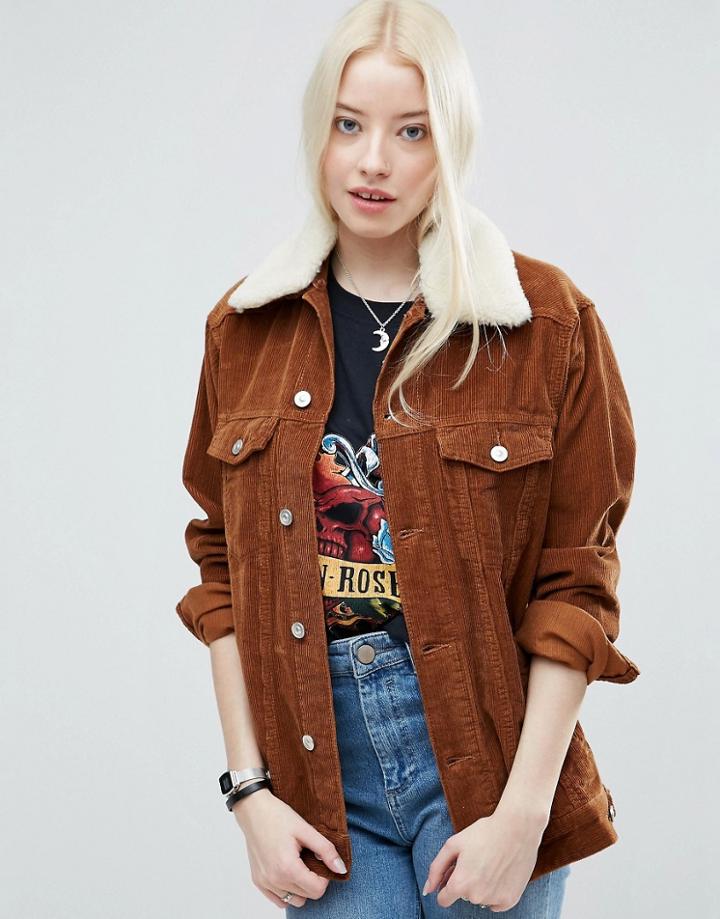 Asos Cord Girlfriend Jacket In Tan With Detachable Fleece Collar - Brown