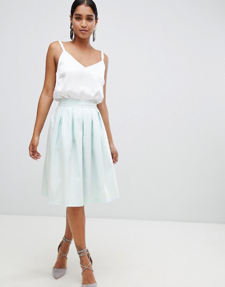 Vesper Pleat Detail Skater Midi Skirt - Blue