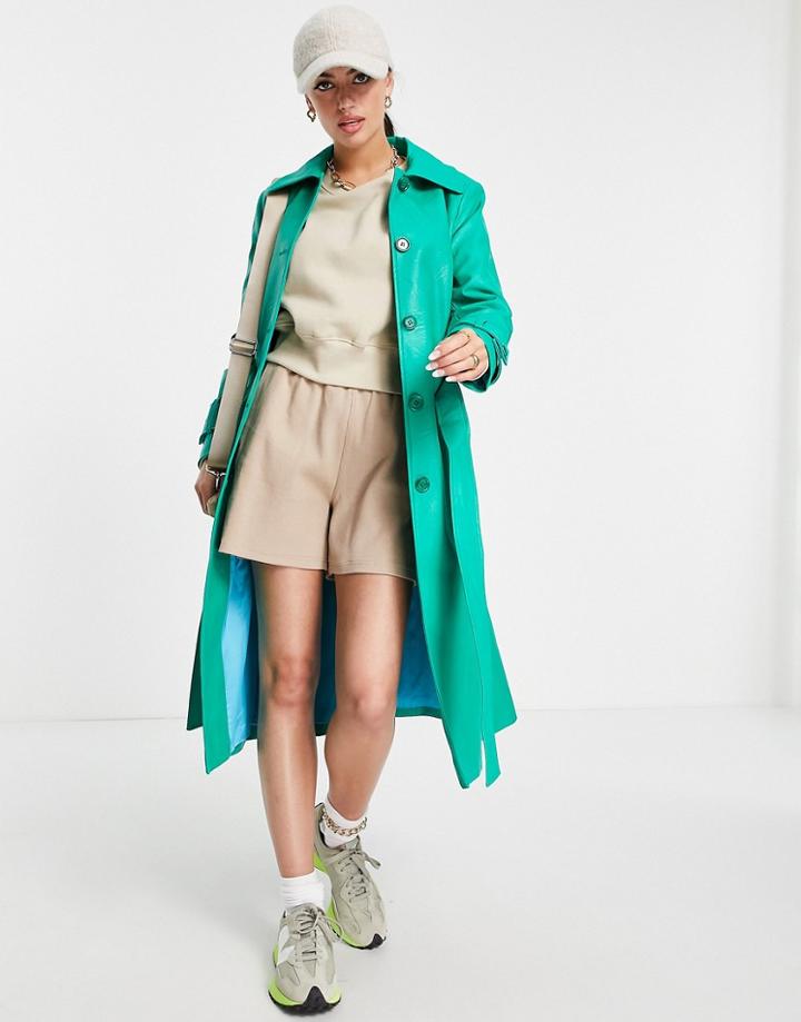 Helene Berman Faux Leather Single Breasted Trench Coat In Green