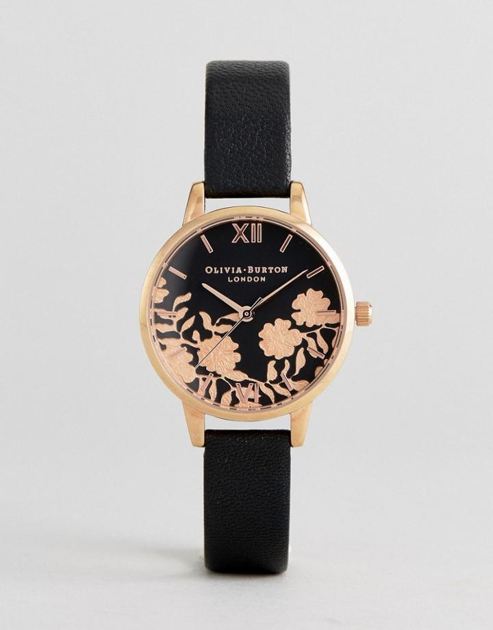 Olivia Burton Ob16mv75 Lace Detail Leather Watch In Black - Black