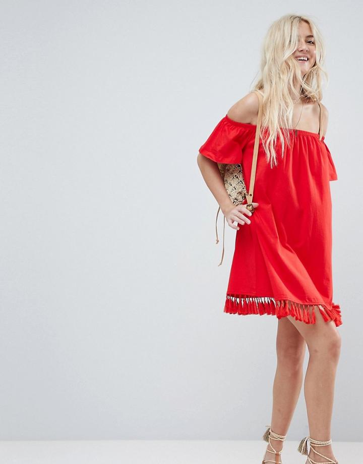 Asos Off Shoulder Sundress With Tassel Hem - Red
