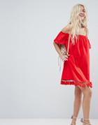 Asos Off Shoulder Sundress With Tassel Hem - Red