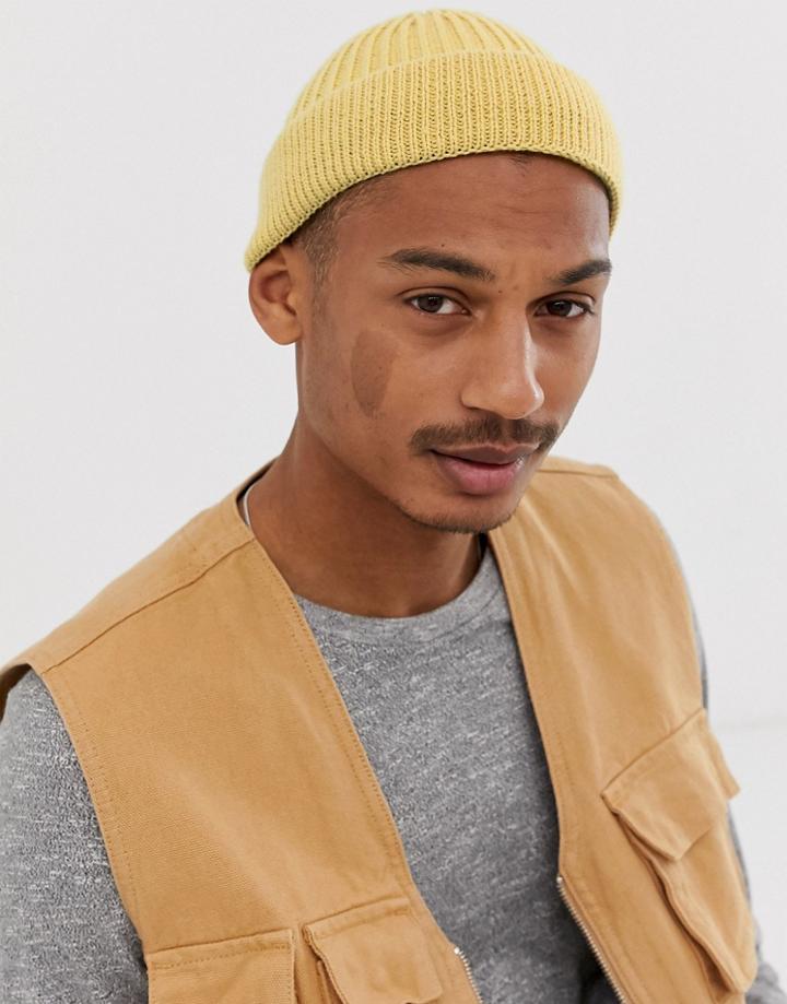 Asos Design Pale Yellow Mini Fisherman Beanie In Thick Rib - Yellow