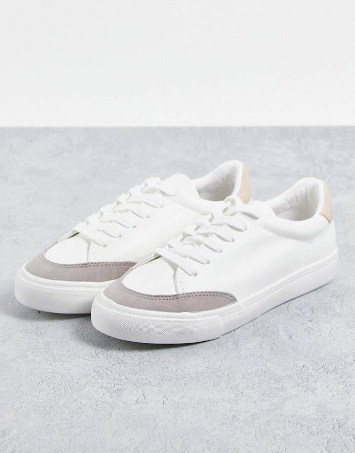 London Rebel Minimal Lace Up Sneakers In White With Beige-neutral