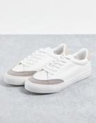London Rebel Minimal Lace Up Sneakers In White With Beige-neutral
