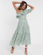 Asos Design One Shoulder Broderie Ruffle Maxi Dress With Raffia Belt In Sage Green