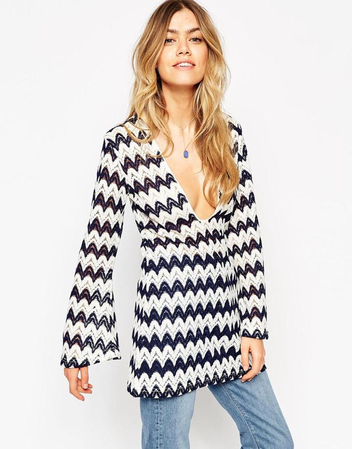 Asos Long Sleeve Tunic With Textured Zig Zag Stripe - Multi