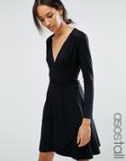 Asos Tall Wrap Mini Tea Dress With Long Sleeve - Black