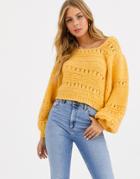 Asos Design Stitch Detail Square Neck Sweater With Volume Sleeve-yellow