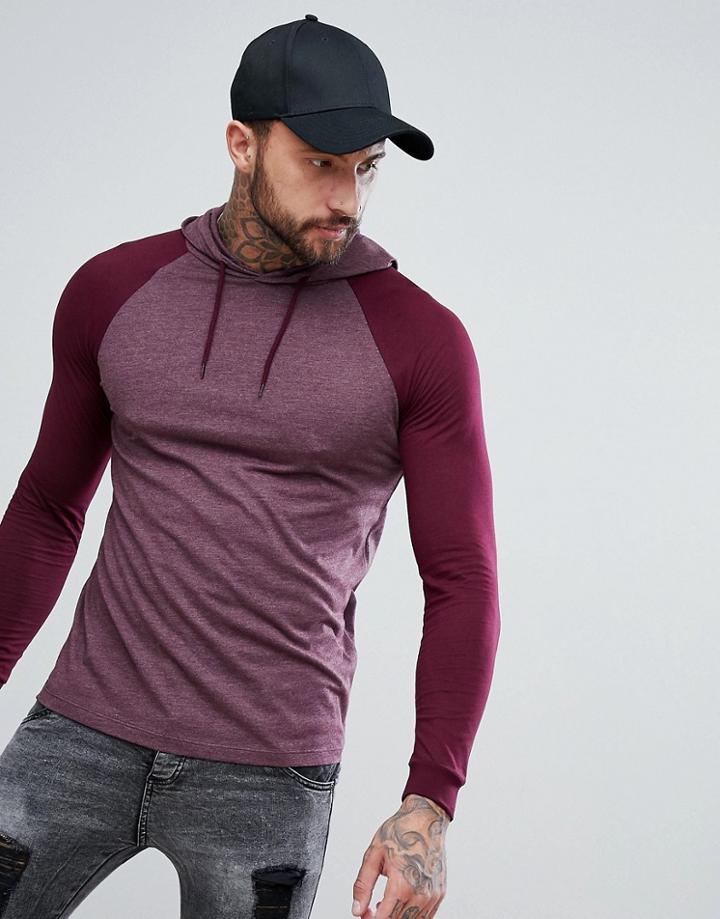 Asos Fit Hooded Raglan Long Sleeve T-shirt With Cuffs In Red - Multi