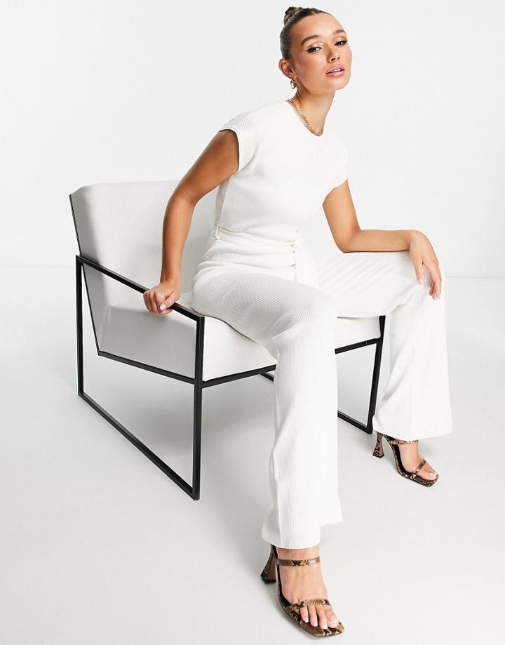 Pretty Lavish Tie Waist Ribbed Knit Jumpsuit In Cream-white