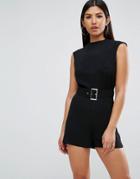 Asos Romper With High Neck And Belt Detail - Black