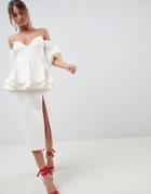 Asos Design Extreme V Puff Sleeve Midi Dress - Cream
