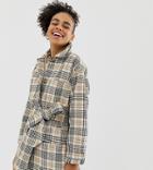 Monki Longline Belted Jacket In Beige Check