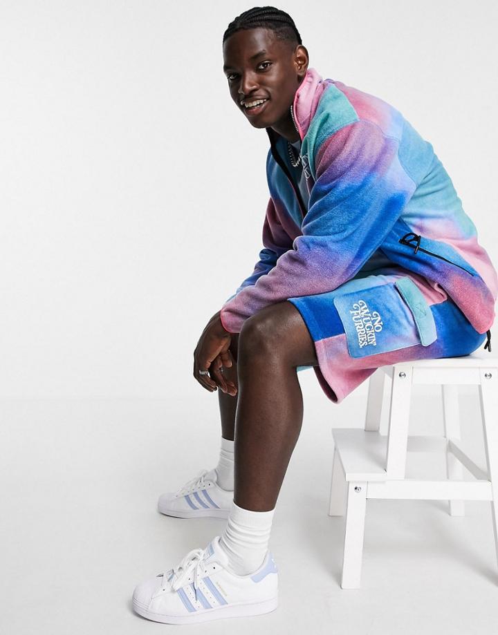 Asos Design Oversized Polar Fleece Shorts In Abstract Print With Embroidery - Part Of A Set-multi