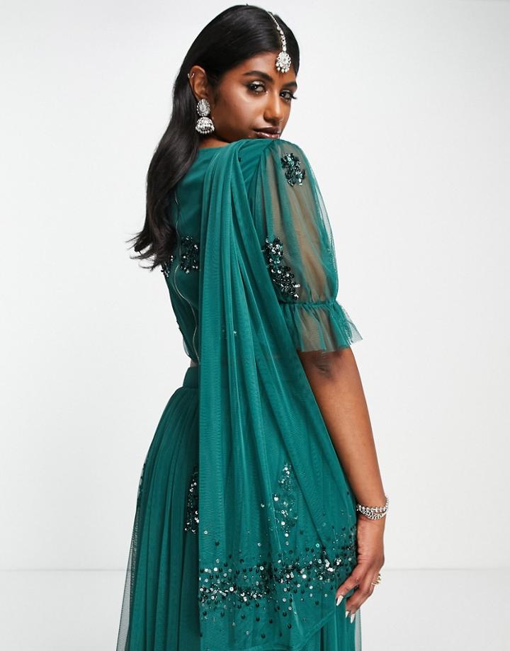 Maya Embellished Lehenga Scarf In Emerald Green
