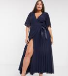 Asos Design Curve Exclusive Maxi Dress With Kimono Sleeve And Tie Waist In Pleat-navy