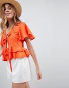 Asos Design Lace Insert Tie Front Top With Ruffle Hem - Multi
