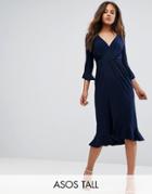 Asos Tall Wrap Front Midi Dress With Frill Detail - Navy