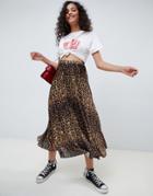 Asos Design Midi Pleated Skirt In Natural Leopard Print - Multi