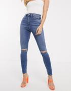 Asos Design Ridley High Waisted Skinny Jeans In Mid Vintage Wash With Slash Rip Knee Detail - Blue